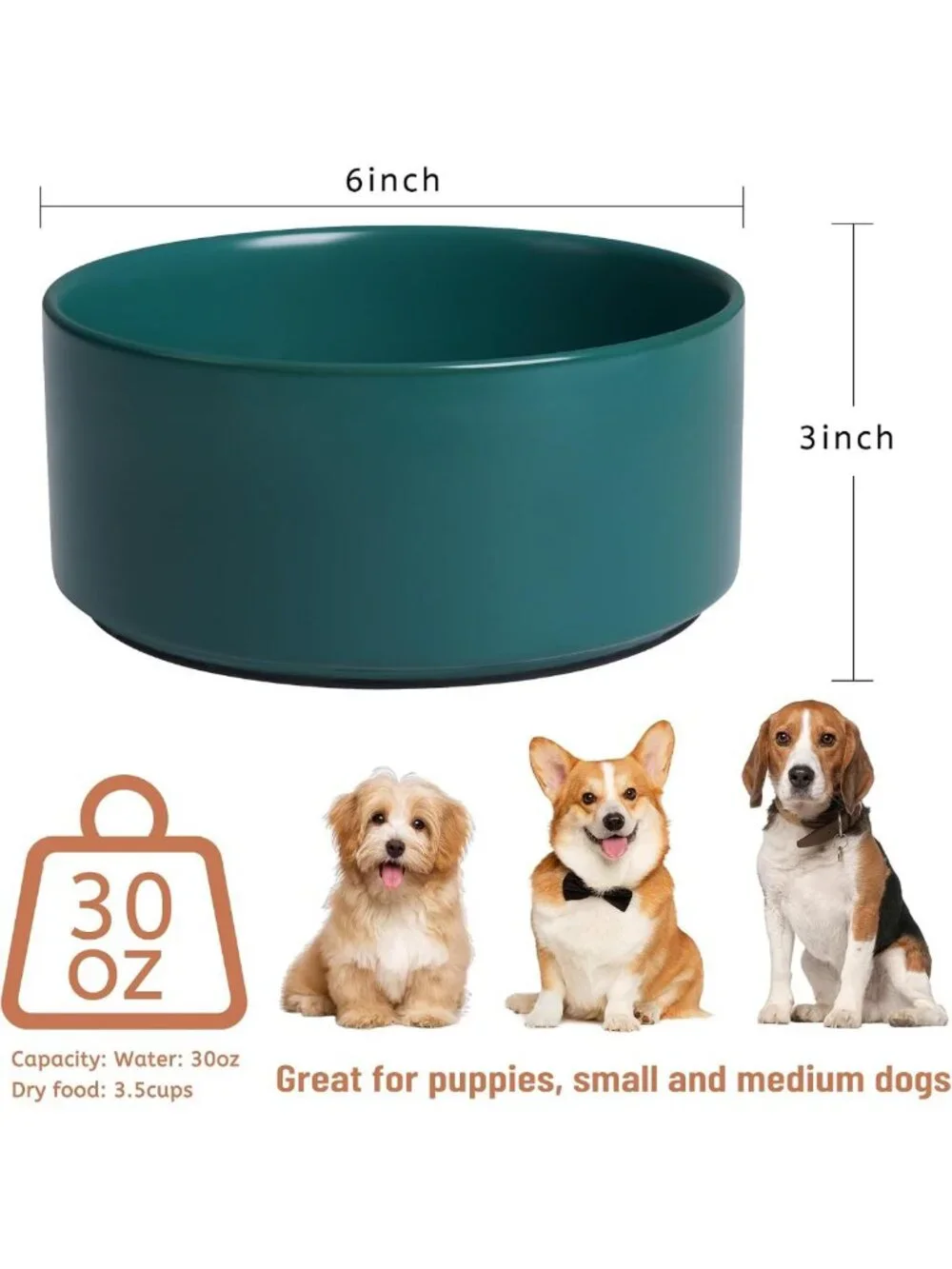 Non-Slip Ceramic Dog Bowl with Silicone Base - Heavy Pet Food & Water Dish, 6